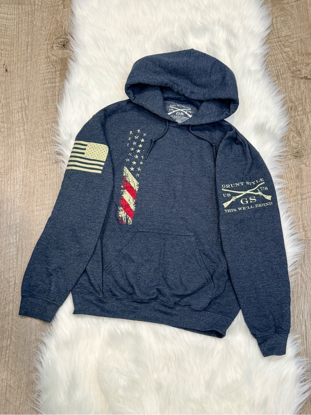 Grunt Style Navy Pullover Hoodie with Distressed Flag Graphics